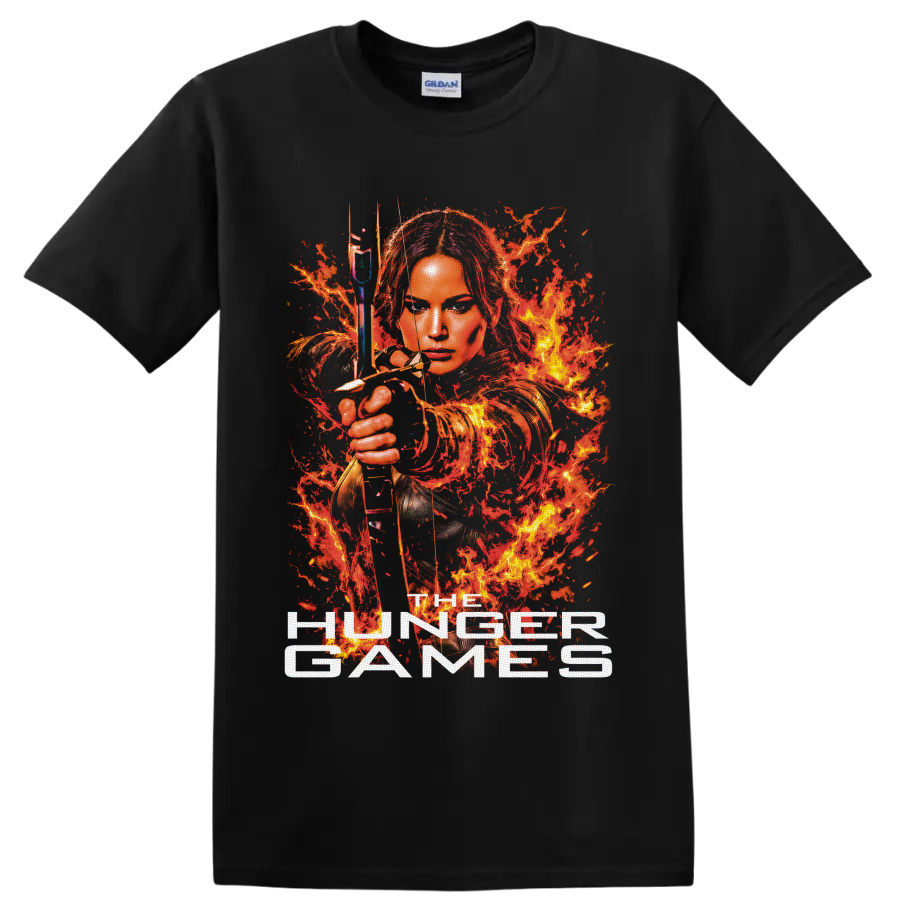 Katniss Everdeen fiery archer portrait with bow, arrow, flames, and The Hunger Games text on a Black T Shirt