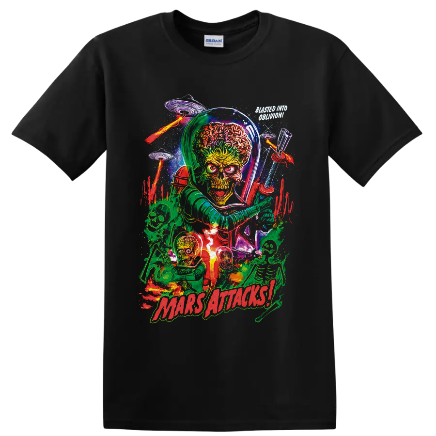 Mars Attacks Martian alien invasion art with saucers, skeletons, ray guns and flames on a Black T Shirt