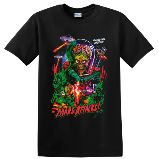 Mars Attacks Martian alien invasion art with saucers, skeletons, ray guns and flames on a Black T Shirt