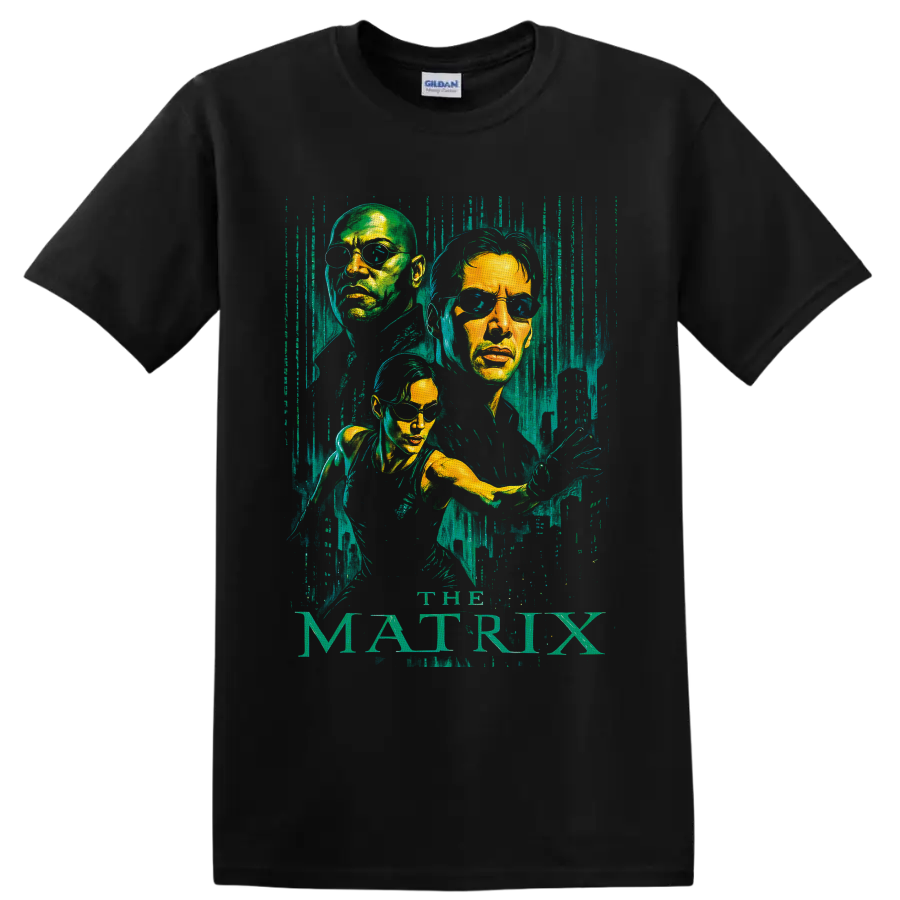 Neo, Morpheus and Trinity portraits with distressed green code and The Matrix text on a Black T Shirt