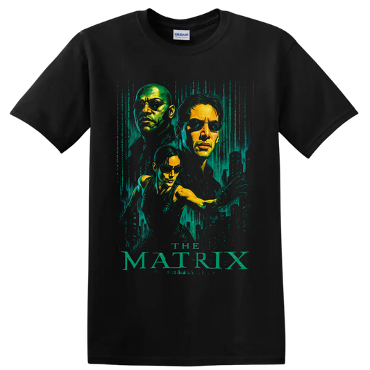 Neo, Morpheus and Trinity portraits with distressed green code and The Matrix text on a Black T Shirt