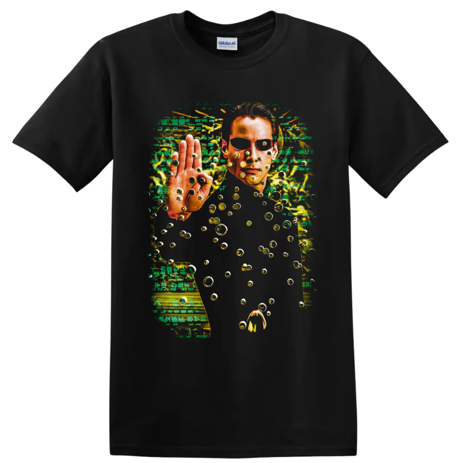 Neo from The Matrix with green code, floating bullets, and cyberpunk bullet-time art on a Black T Shirt