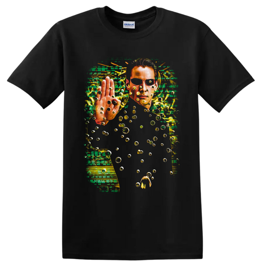 Neo from The Matrix with green code, floating bullets, and cyberpunk bullet-time art on a Black T Shirt