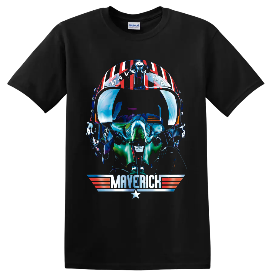 Pete Maverick Mitchell helmet graphic with winged Maverick emblem and retro aviation on a Black T Shirt