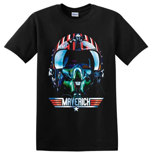 Pete Maverick Mitchell helmet graphic with winged Maverick emblem and retro aviation on a Black T Shirt