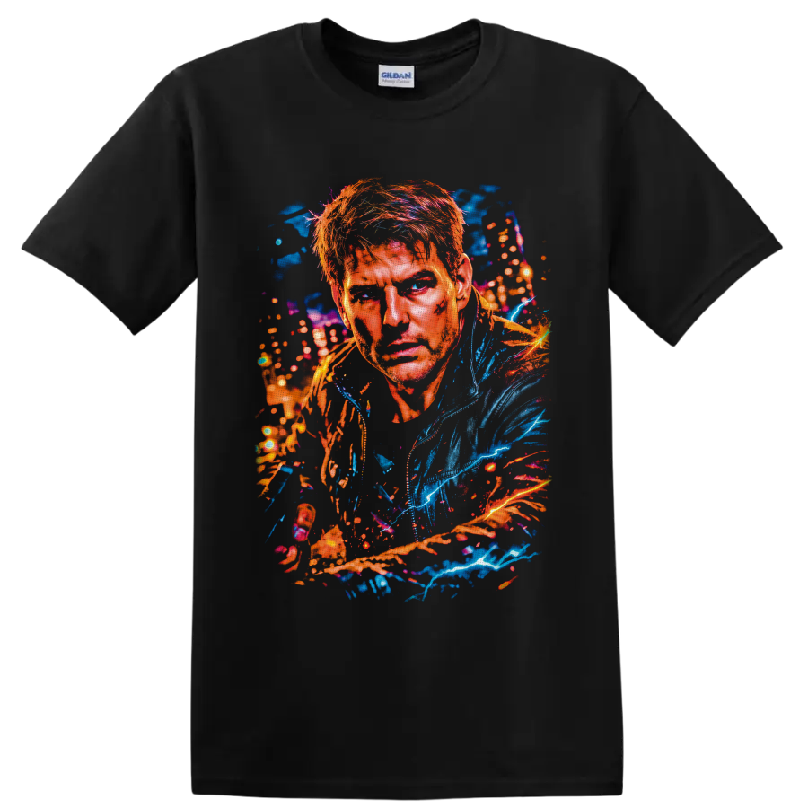 Pete Maverick Mitchell Top Gun neon splatter portrait with blue lightning on a Black T Shirt