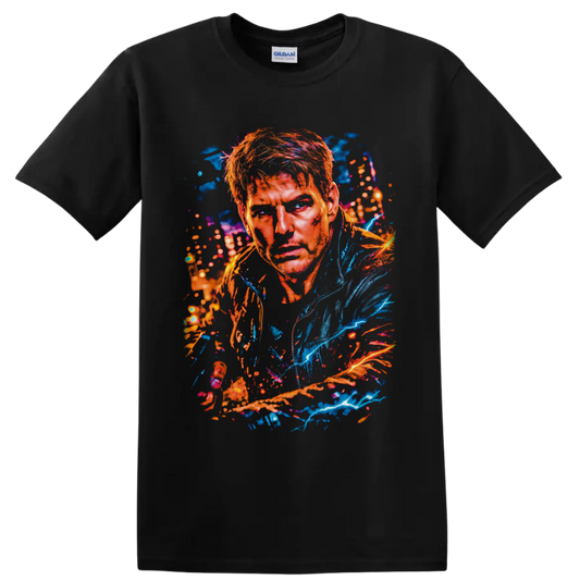 Pete Maverick Mitchell Top Gun neon splatter portrait with blue lightning on a Black T Shirt
