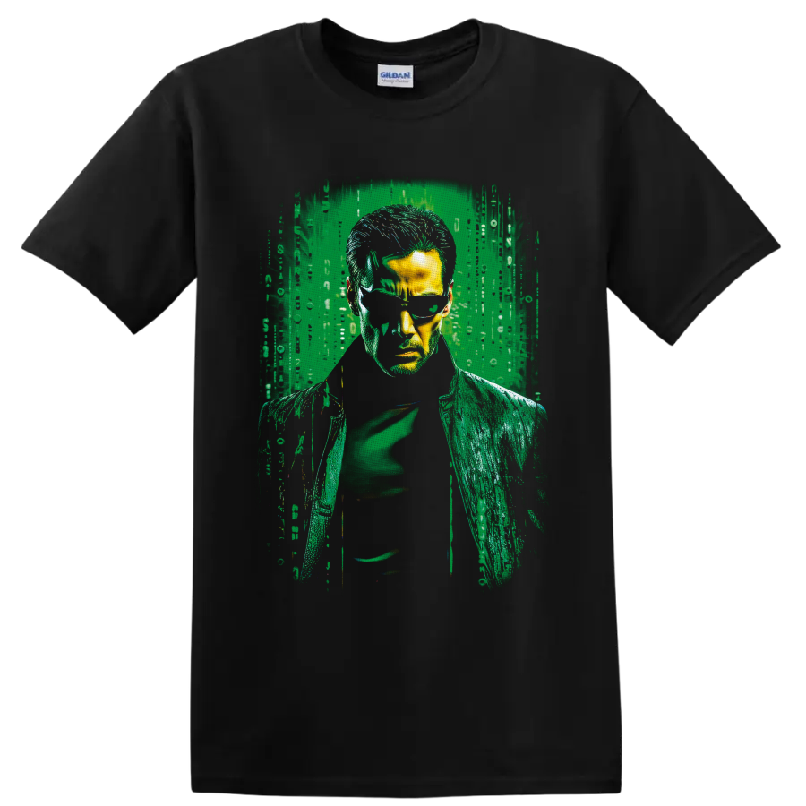Albert Wesker Resident Evil portrait in green digital glitch horror style on a Black T Shirt
