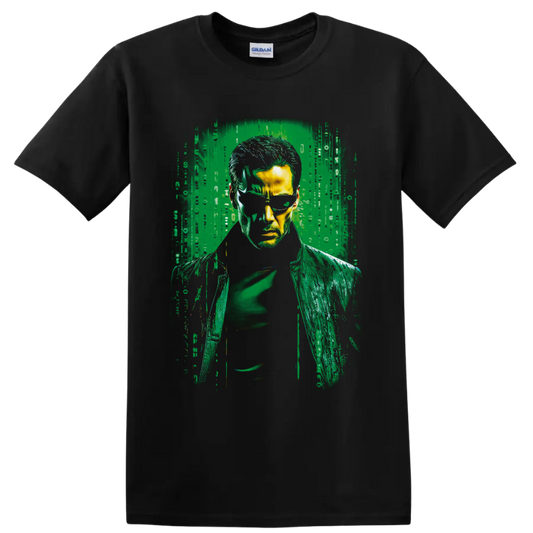 Albert Wesker Resident Evil portrait in green digital glitch horror style on a Black T Shirt