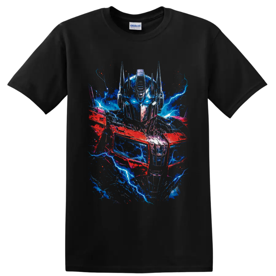 Optimus Prime robot portrait with blue lightning, red armor, and distressed sci-fi on a Black T Shirt