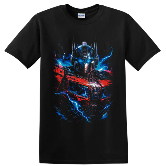 Optimus Prime robot portrait with blue lightning, red armor, and distressed sci-fi on a Black T Shirt