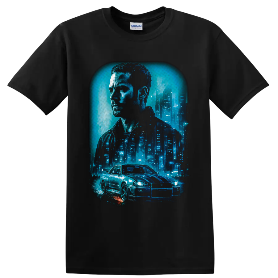 Brian O'Conner portrait and Nissan Skyline GT-R in neon blue city racing artwork on a Black T Shirt