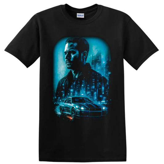 Brian O'Conner portrait and Nissan Skyline GT-R in neon blue city racing artwork on a Black T Shirt