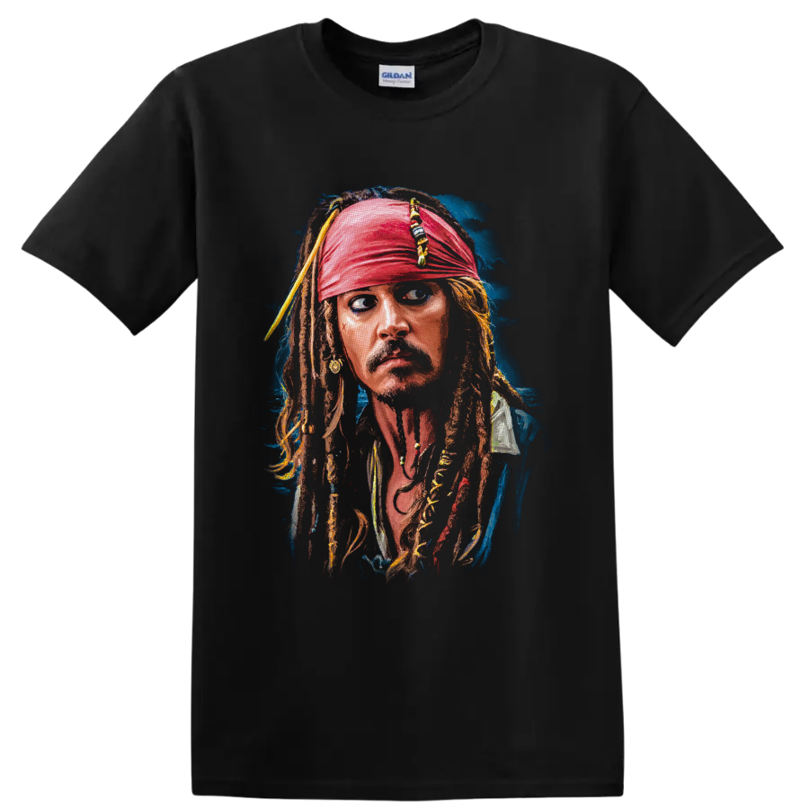 Captain Jack Sparrow painterly portrait with red bandana and beaded dreadlocks on a Black T Shirt