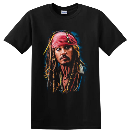 Captain Jack Sparrow painterly portrait with red bandana and beaded dreadlocks on a Black T Shirt