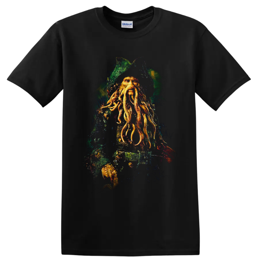 Davy Jones tentacled captain portrait in distressed nautical fantasy artwork on a Black T Shirt