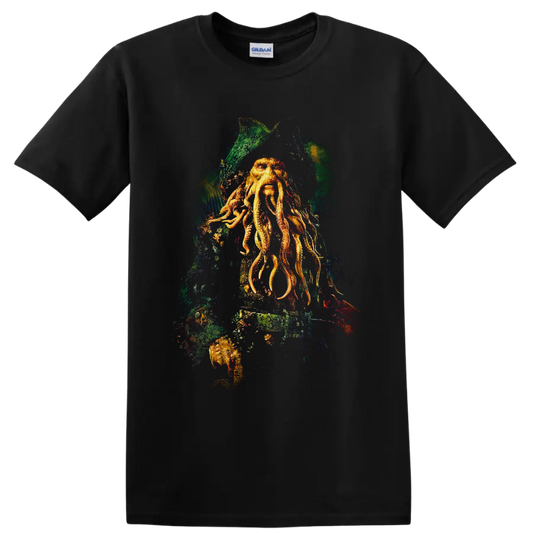 Davy Jones tentacled captain portrait in distressed nautical fantasy artwork on a Black T Shirt