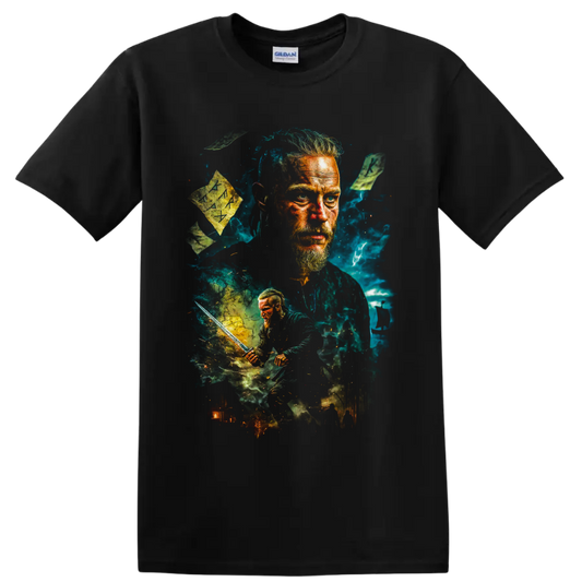 Ragnar Lothbrok Vikings warrior portrait with sword, rune stones, and teal storm art on a Black T Shirt