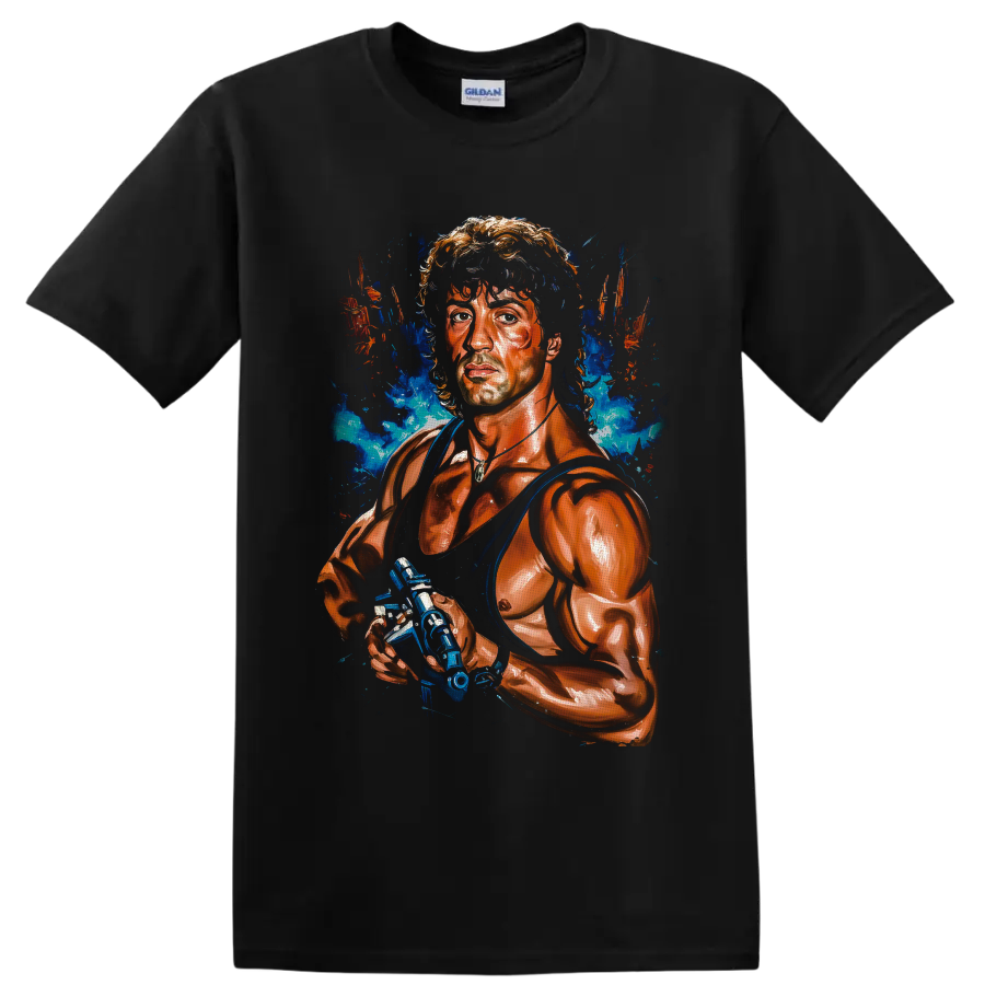 John Rambo tactical portrait with blue smoke and orange paint splatter artwork on a Black T Shirt