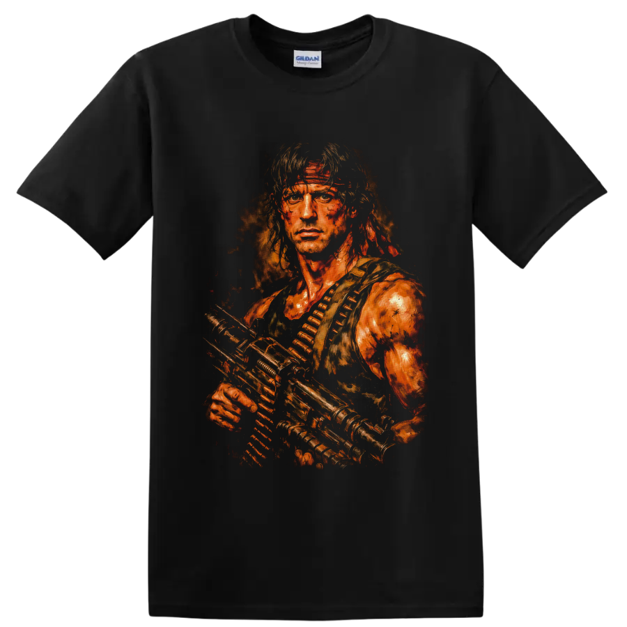John Rambo First Blood distressed painterly portrait with rifle and ammunition belt on a Black T Shirt