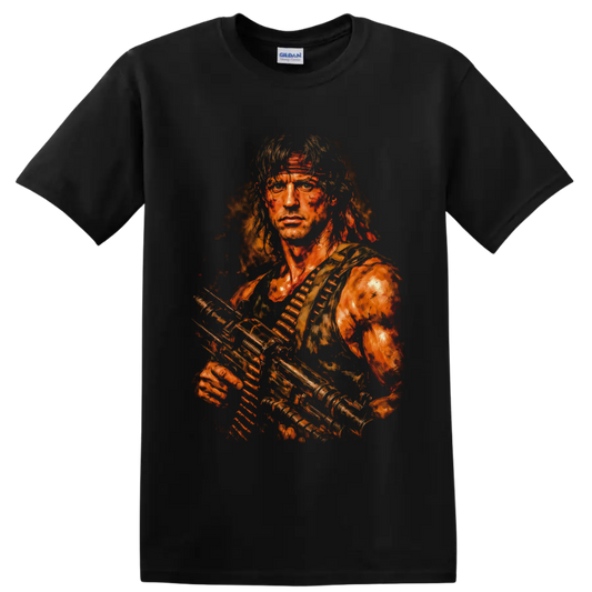 John Rambo First Blood distressed painterly portrait with rifle and ammunition belt on a Black T Shirt
