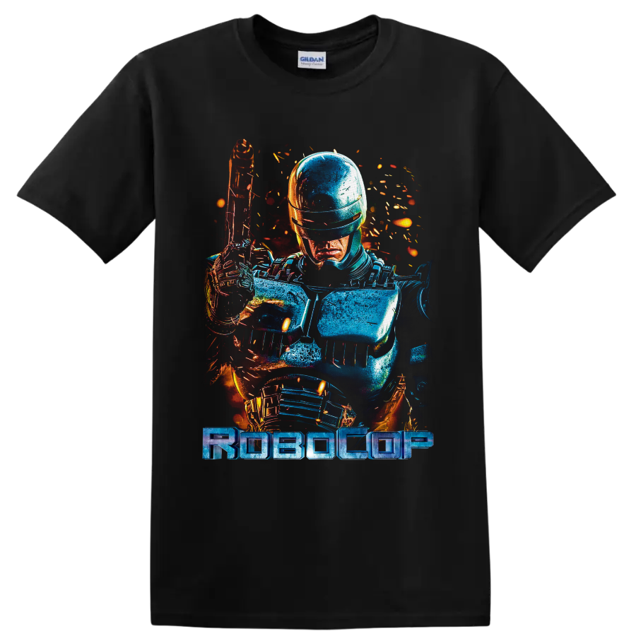 RoboCop cyborg police armor with raised sidearm, neon sparks, and RoboCop wordmark on a Black T Shirt