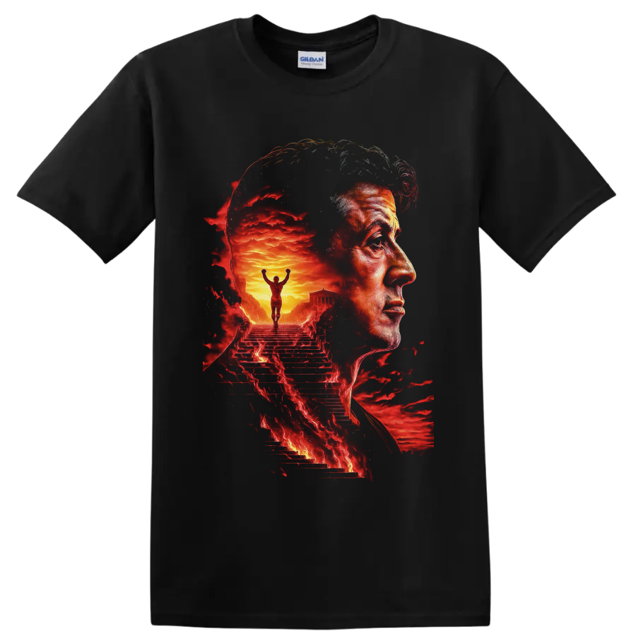 Rocky Balboa portrait with fiery Philadelphia steps and victorious boxer artwork on a Black T Shirt