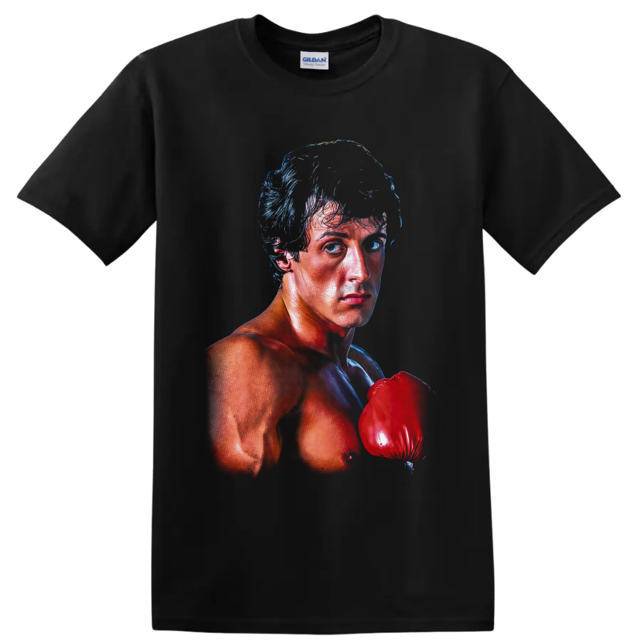 Rocky Balboa boxing portrait with a raised red glove in dramatic blue and red shading on a Black T Shirt