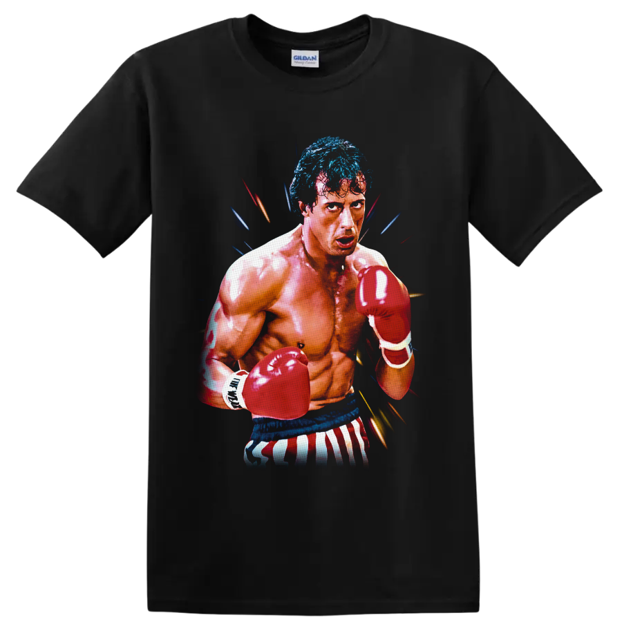 Rocky Balboa boxing portrait with red gloves, striped trunks, and colorful action streaks on a Black T Shirt
