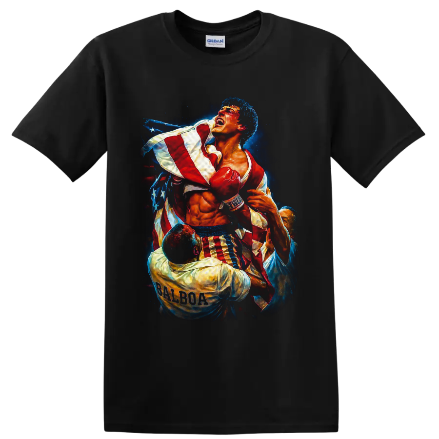 Rocky Balboa boxer in red gloves with an American flag and starry painterly backdrop on a Black T Shirt