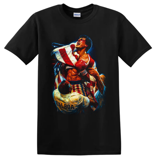 Rocky Balboa boxer in red gloves with an American flag and starry painterly backdrop on a Black T Shirt