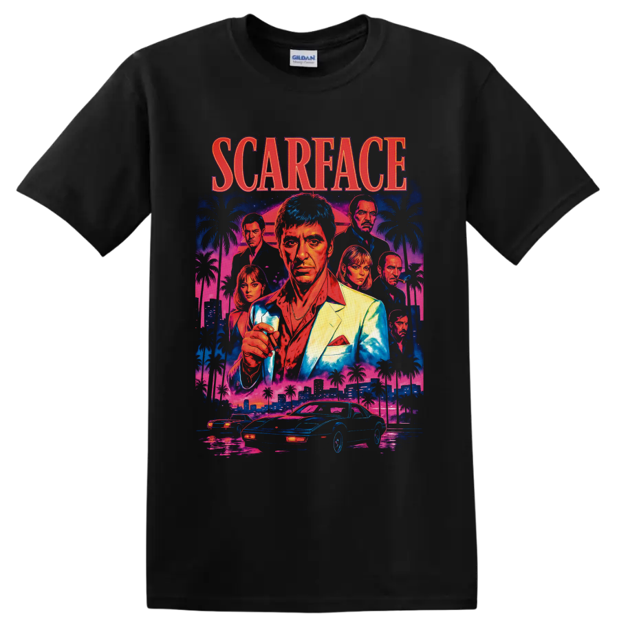 Scarface neon collage with Tony Montana, Elvira Hancock, palms, Miami skyline, and cars on a Black T Shirt
