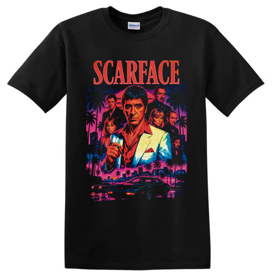 Scarface neon collage with Tony Montana, Elvira Hancock, palms, Miami skyline, and cars on a Black T Shirt