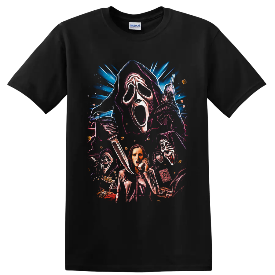 Ghostface and Sidney Prescott neon slasher collage with masks, knife, and phone on a Black T Shirt