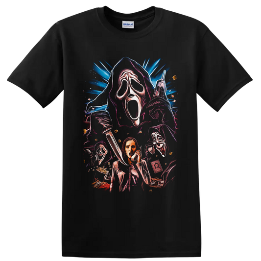 Ghostface and Sidney Prescott neon slasher collage with masks, knife, and phone on a Black T Shirt