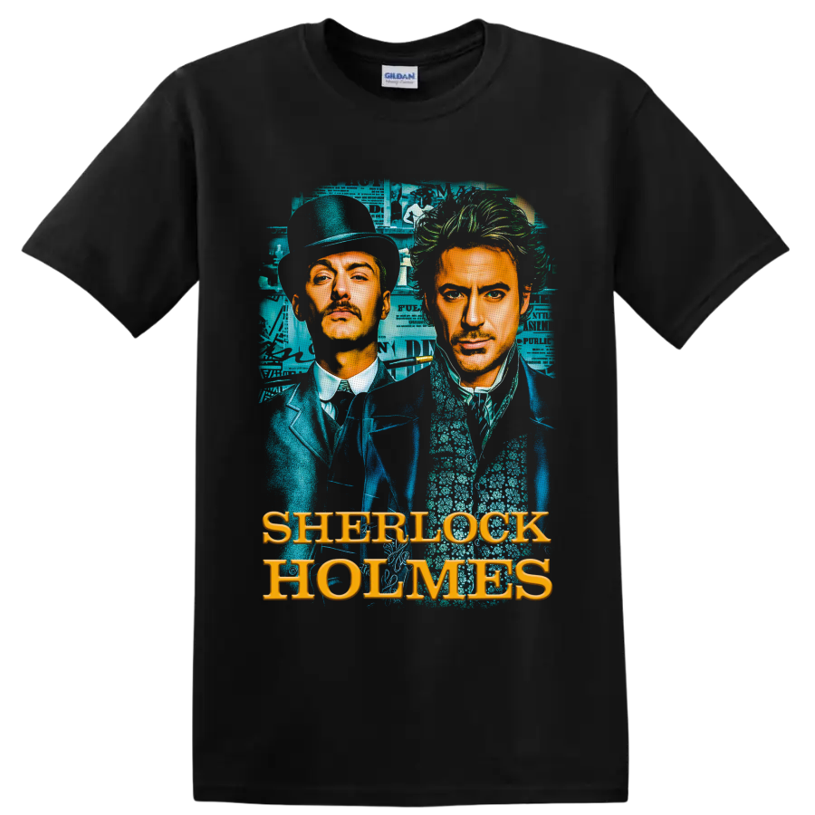 Sherlock Holmes and Dr. Watson Victorian portrait with teal collage and gold lettering on a Black T Shirt