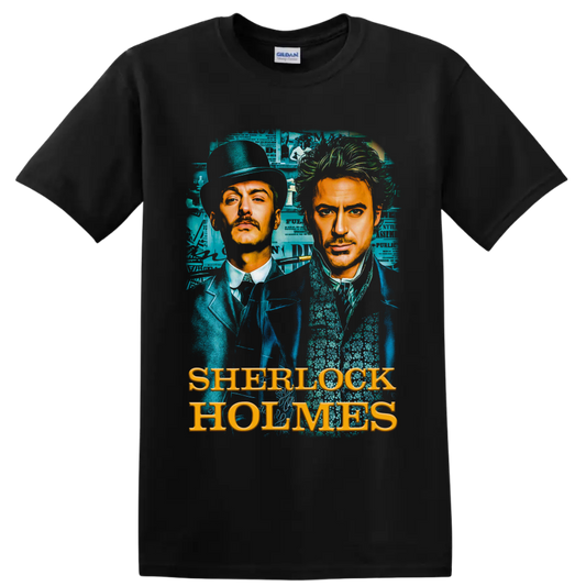 Sherlock Holmes and Dr. Watson Victorian portrait with teal collage and gold lettering on a Black T Shirt