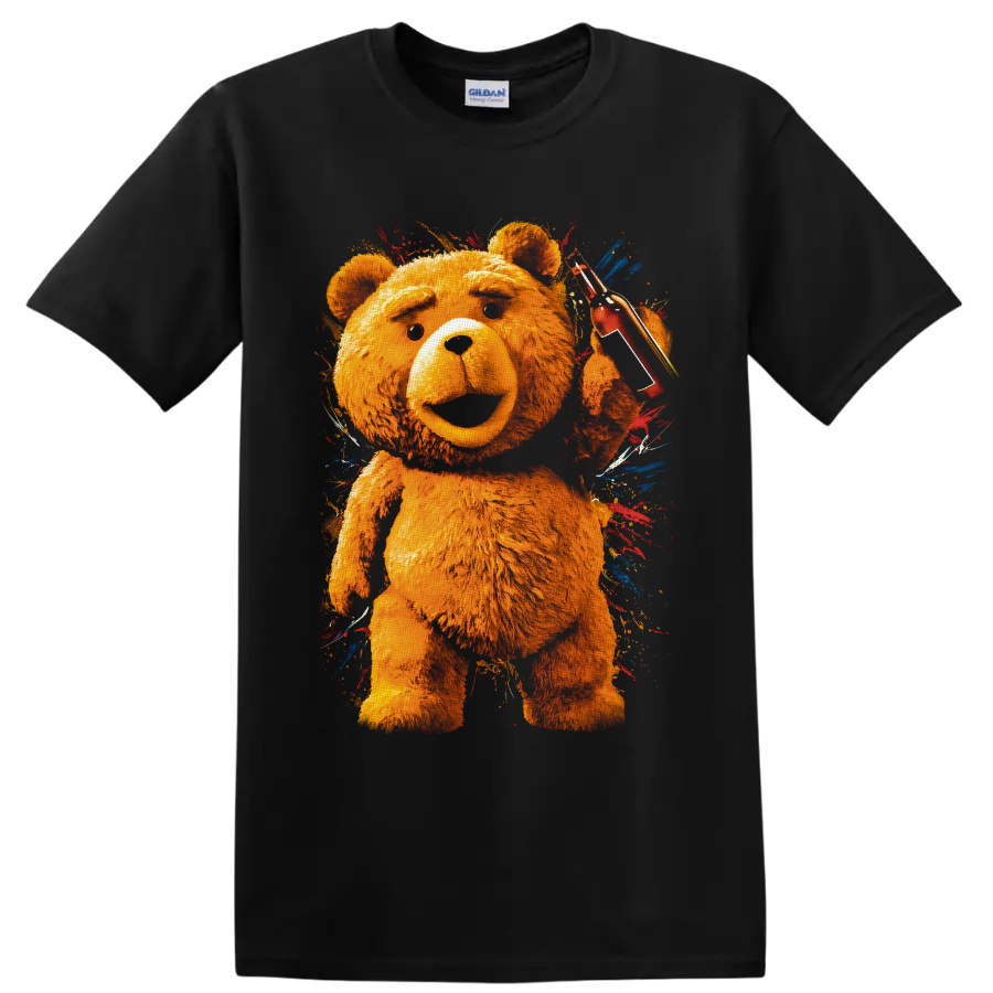 Ted bear holding red sunglasses and cup in colorful paint-splash graphic art on a Black T Shirt