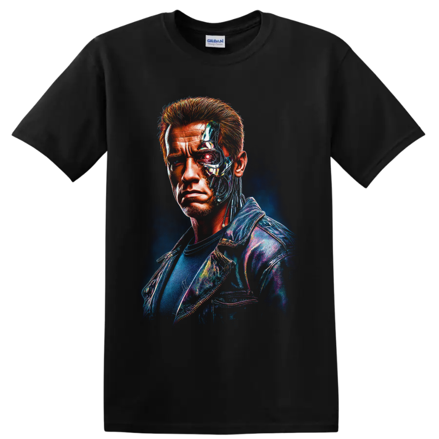 T-800 cybernetic half-human portrait with glowing red eye in neon sci-fi art on a Black T Shirt