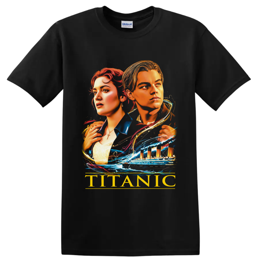 Jack and Rose Titanic portrait with ocean liner, waves, and gold TITANIC text on a Black T Shirt