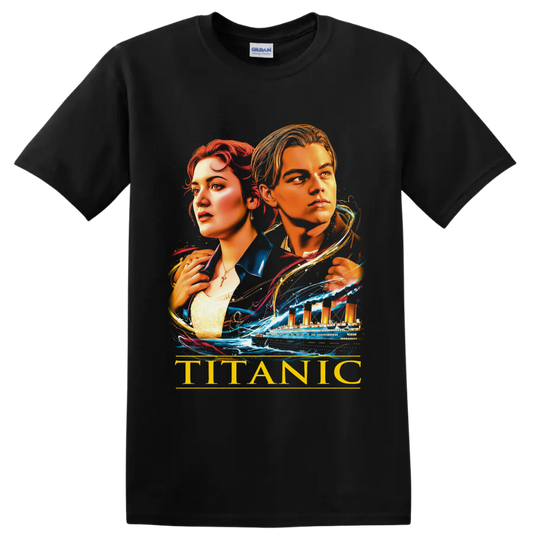 Jack and Rose Titanic portrait with ocean liner, waves, and gold TITANIC text on a Black T Shirt