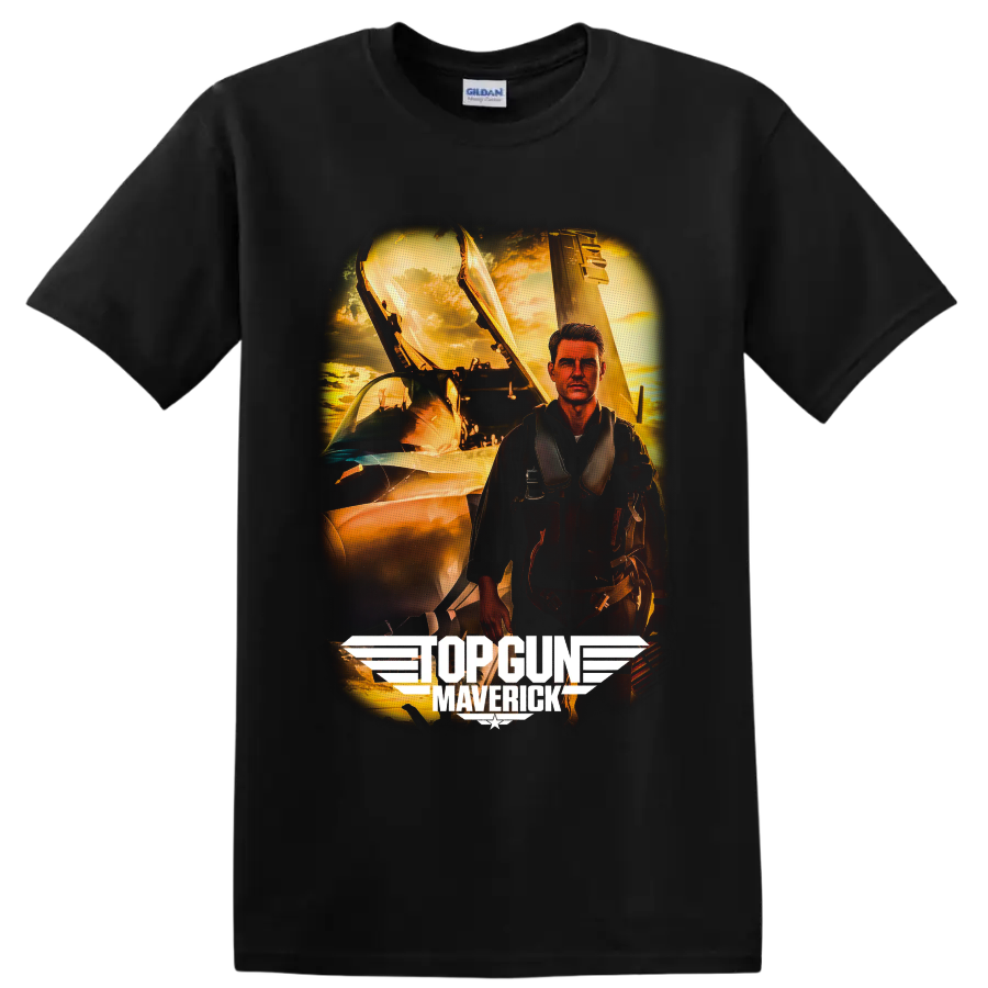 Pete Maverick Mitchell fighter pilot with jet and Top Gun Maverick sunset artwork on a Black T Shirt