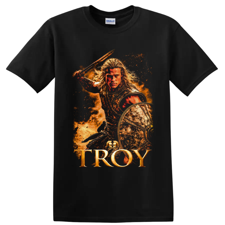 Achilles from Troy warrior with sword, round shield, fiery battle art, and TROY text on a Black T Shirt