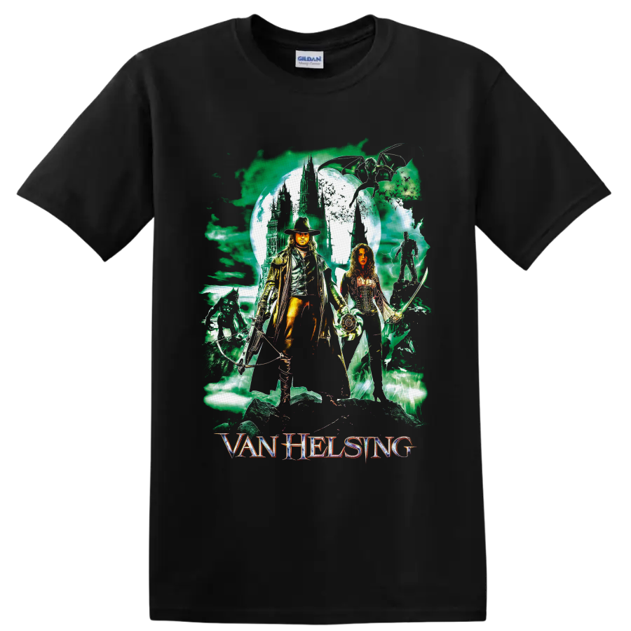 Gabriel Van Helsing and Anna Valerious gothic moonlit castle fantasy artwork on a Black T Shirt