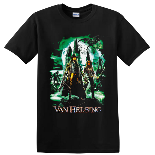 Gabriel Van Helsing and Anna Valerious gothic moonlit castle fantasy artwork on a Black T Shirt