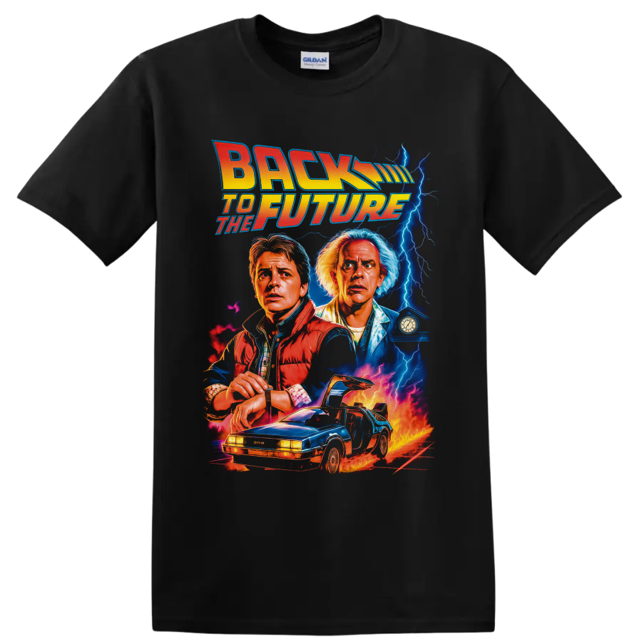 Back to the Future Marty McFly and Doc Brown lightning car graphic on a Black T Shirt