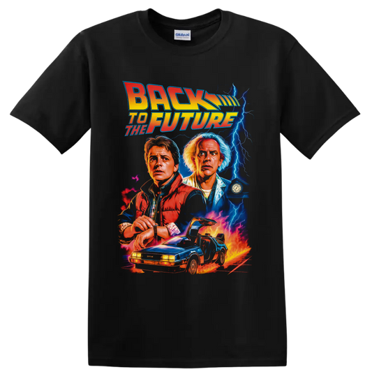 Back to the Future Marty McFly and Doc Brown lightning car graphic on a Black T Shirt