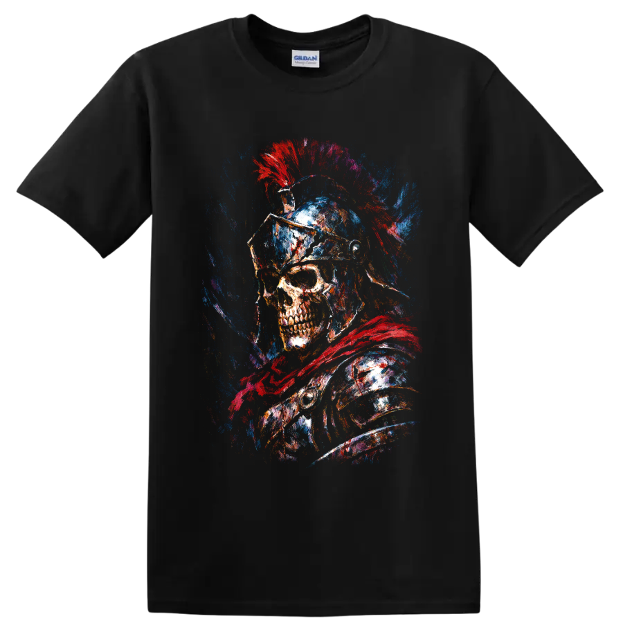 Roman gladiator skull warrior with crested helmet and red blue paint splatter art on a Black T Shirt