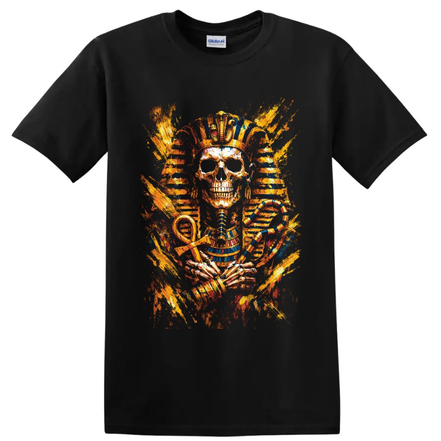 Egyptian pharaoh skull with cobra, ankh, striped headdress, and fiery painterly bursts on a Black T Shirt