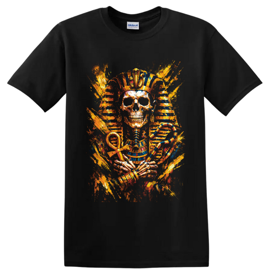 Egyptian pharaoh skull with cobra, ankh, striped headdress, and fiery painterly bursts on a Black T Shirt